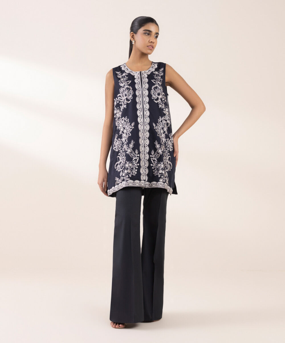 Women's RTW Dobby Black Embroidered Front Open Shirt