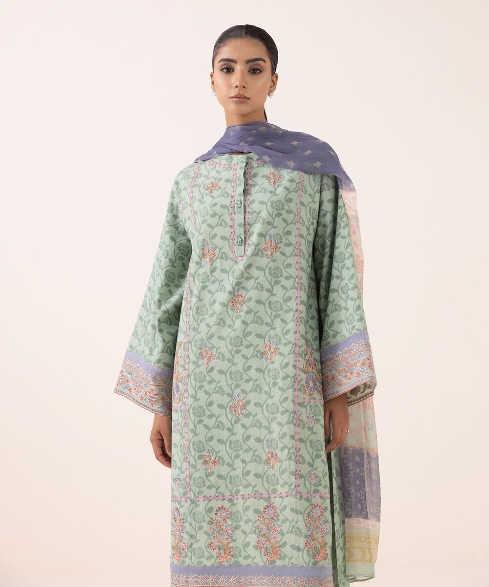 Women's Unstitched Jacquard Embroidered Green Three Piece Suit