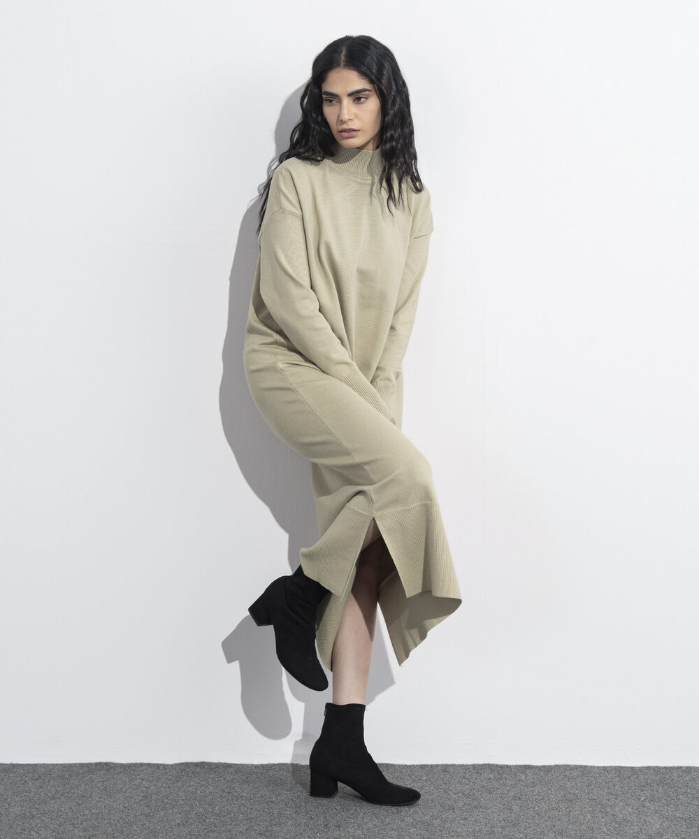 Women's Western Wear Beige High Neck Sweater Dress