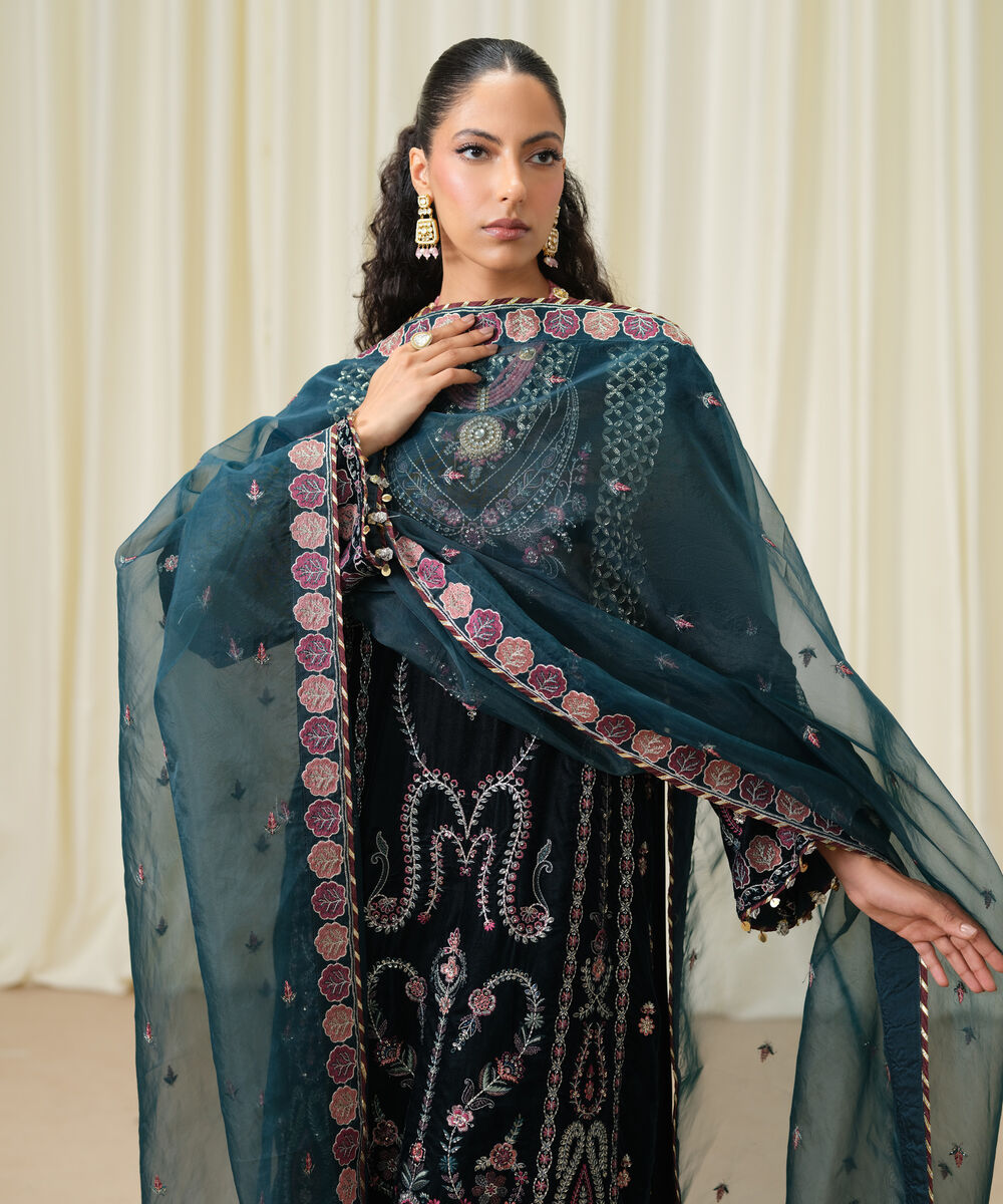 Women's Unstitched Embroidered Velvet Teal Green 3 Piece Suit