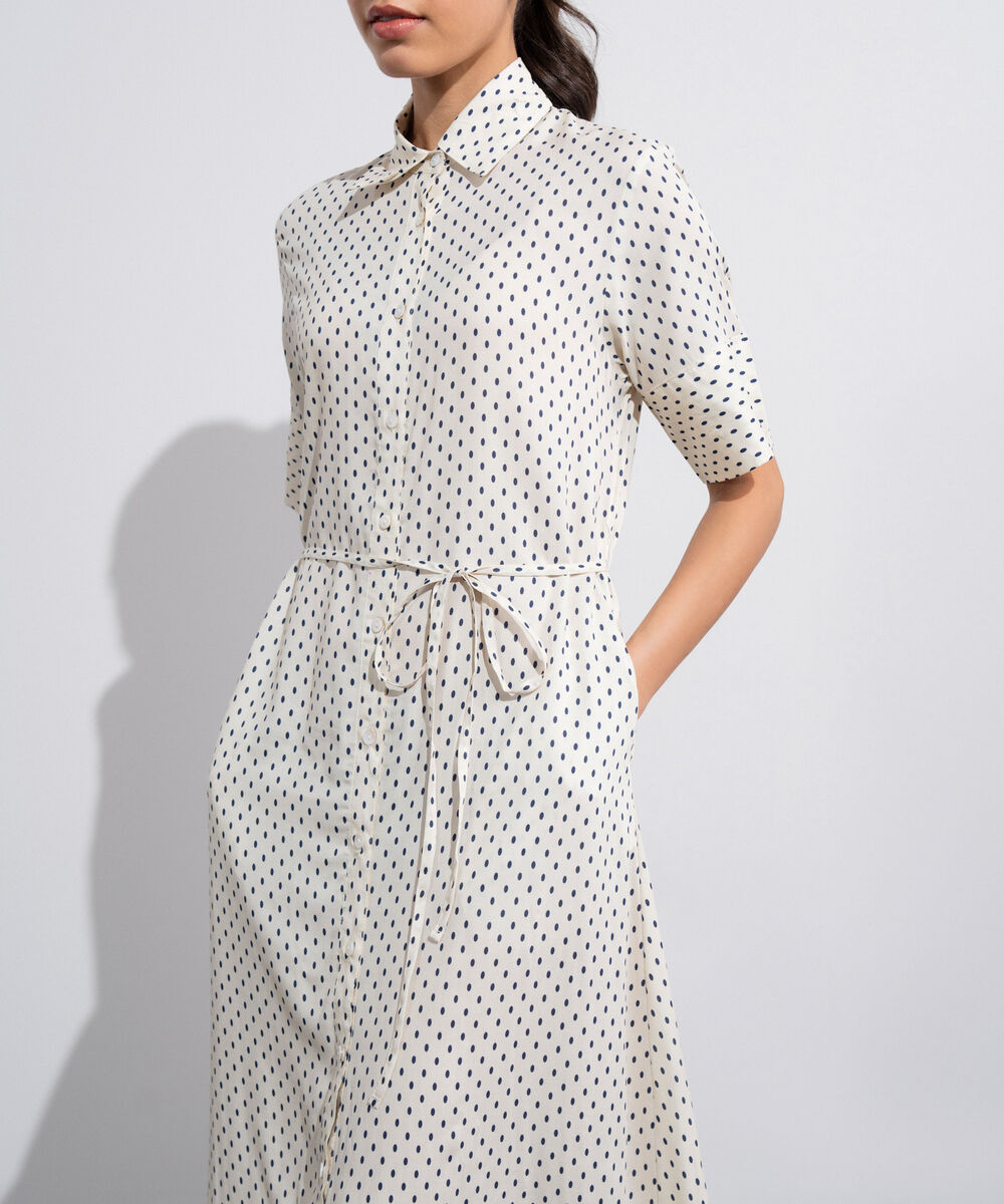 Women's Western White And  Black Polka Dots Flowy Dress