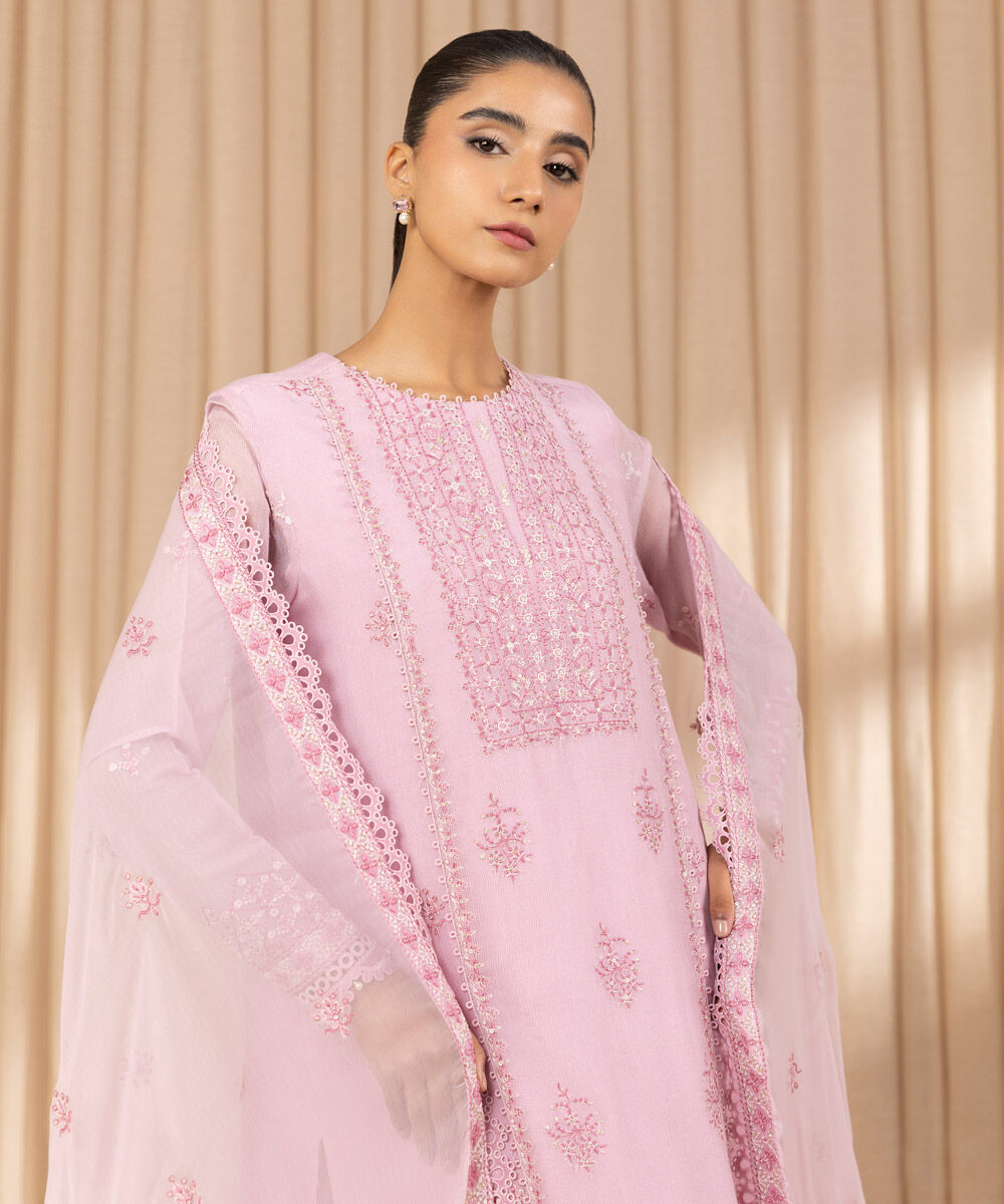 Unstitched Women's Embroidered Blended Khaddi Net Pink Three Piece Suit