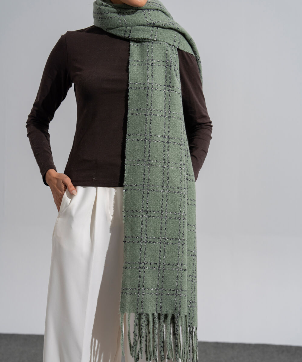 Women's Western Wear Green Polyester Textured Woolen Scarf