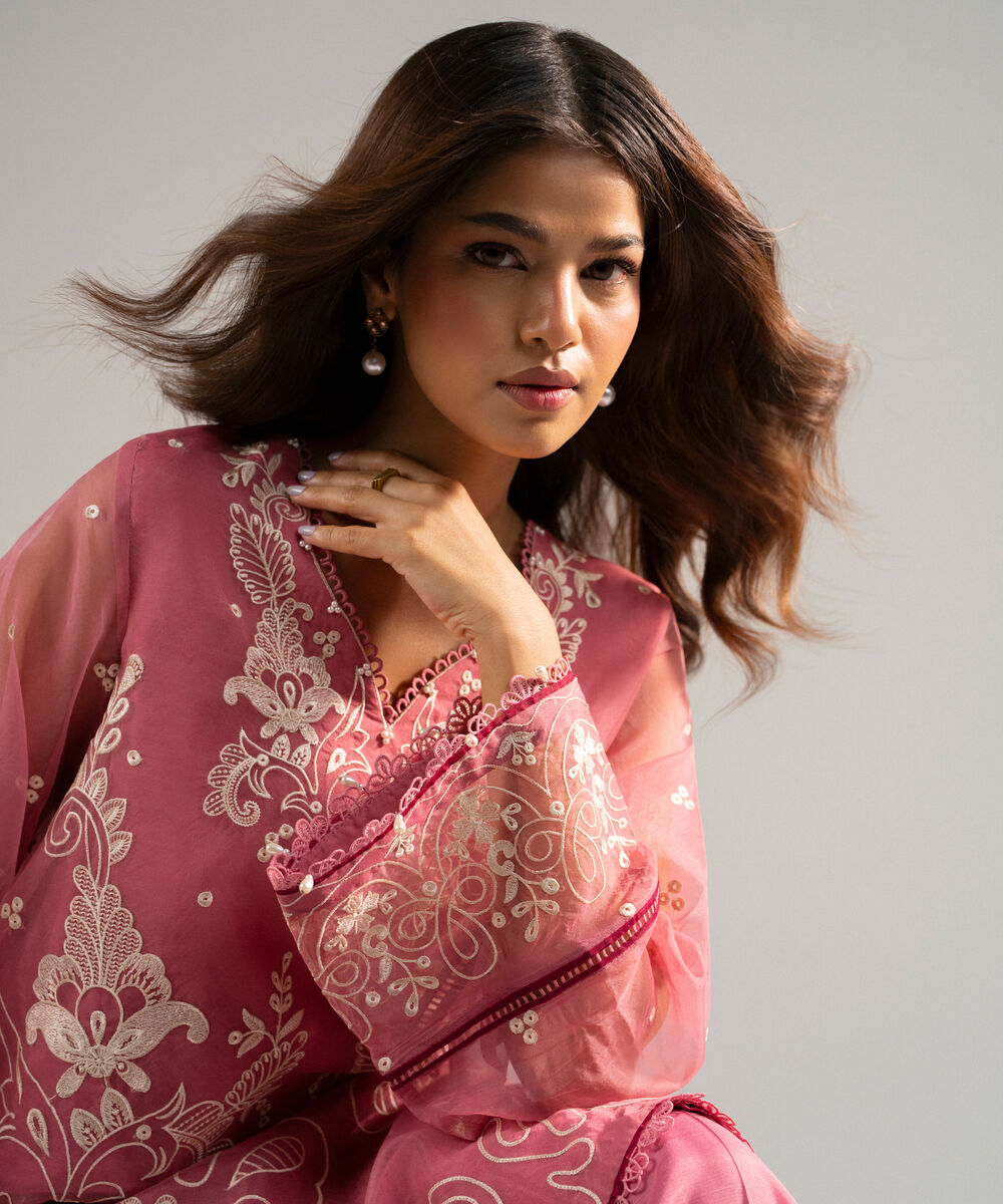 Women's RTW Blended Organza Embroidered Pink 2 Piece Suit