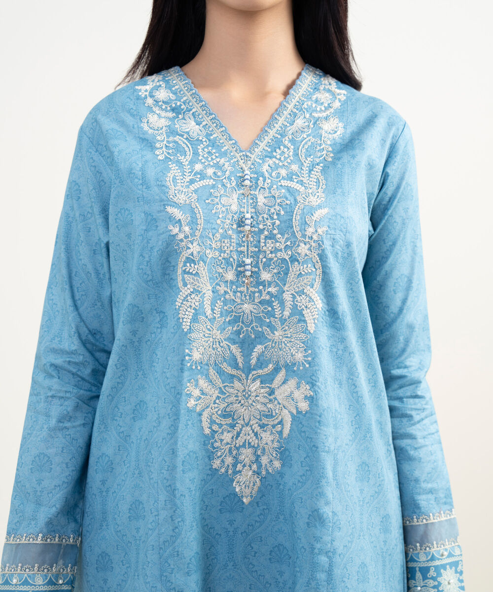 Women's Unstitched Lawn Embroidered Blue 3 Piece Suit