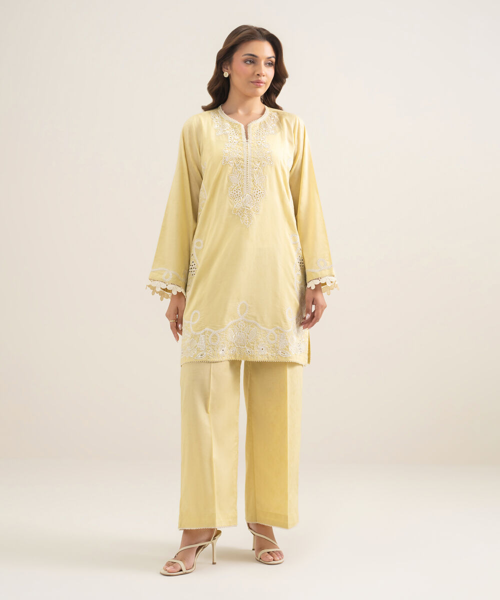 Women's RTW Self Jacquard Embroidered Yellow Straight Shirt