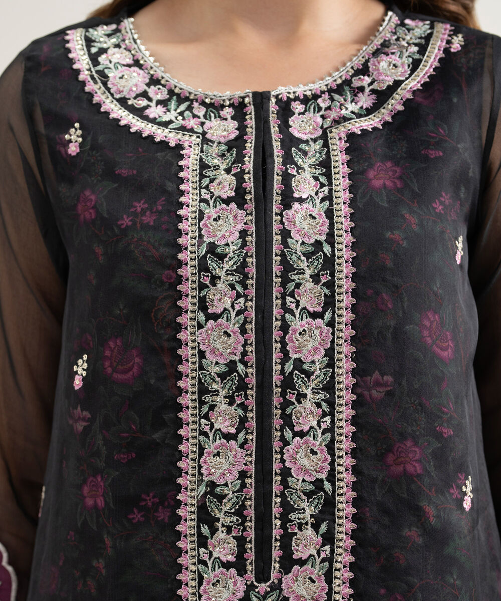 Women's RTW Blended Organza Embroidered Black 3 Piece Suit