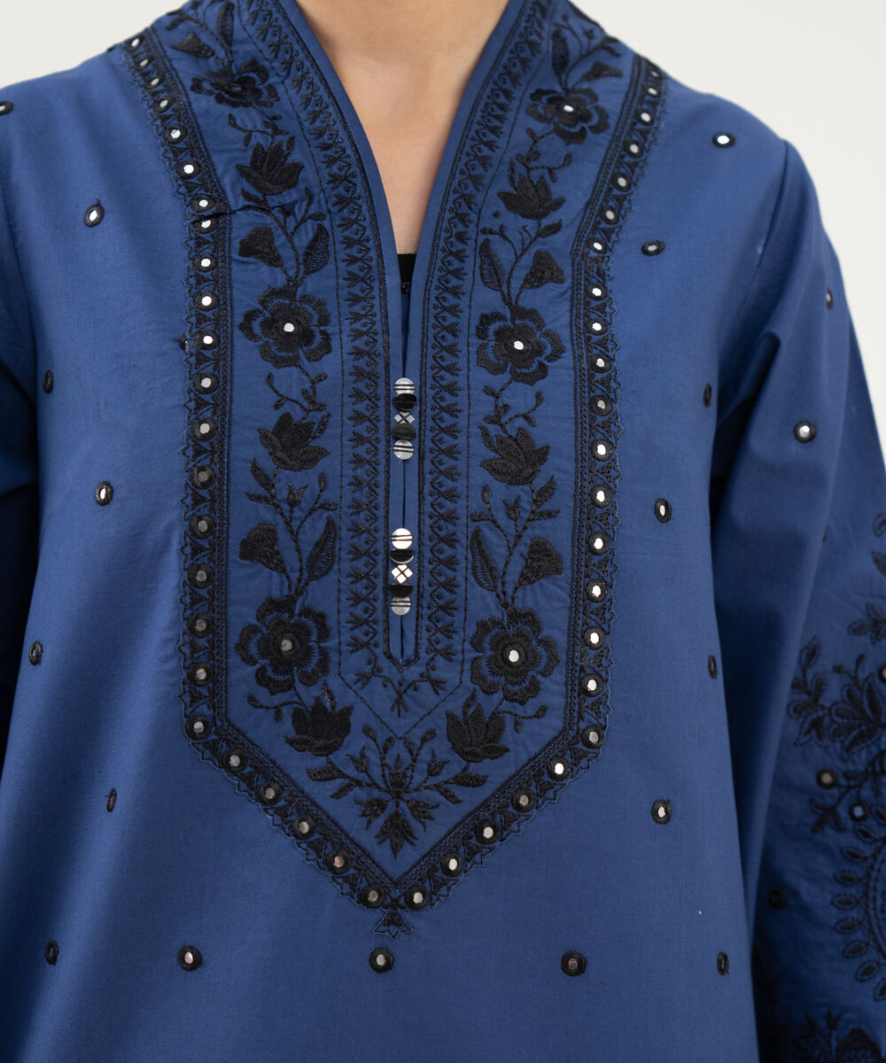 Women's Unstitched Cotton Embroidered Blue 3 Piece Suit