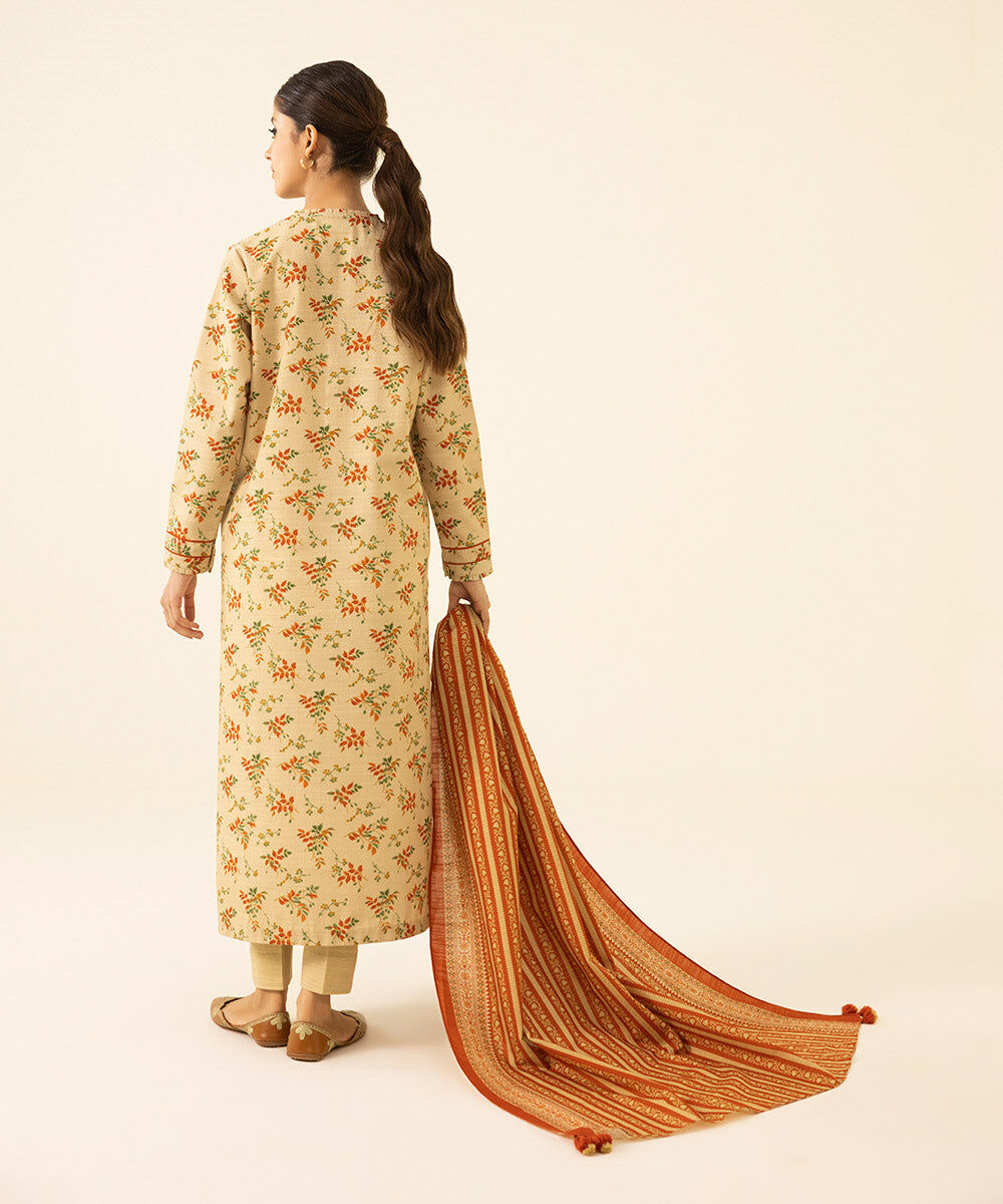 Women's Unstitched Printed Khaddar Beige 3 Piece Suit