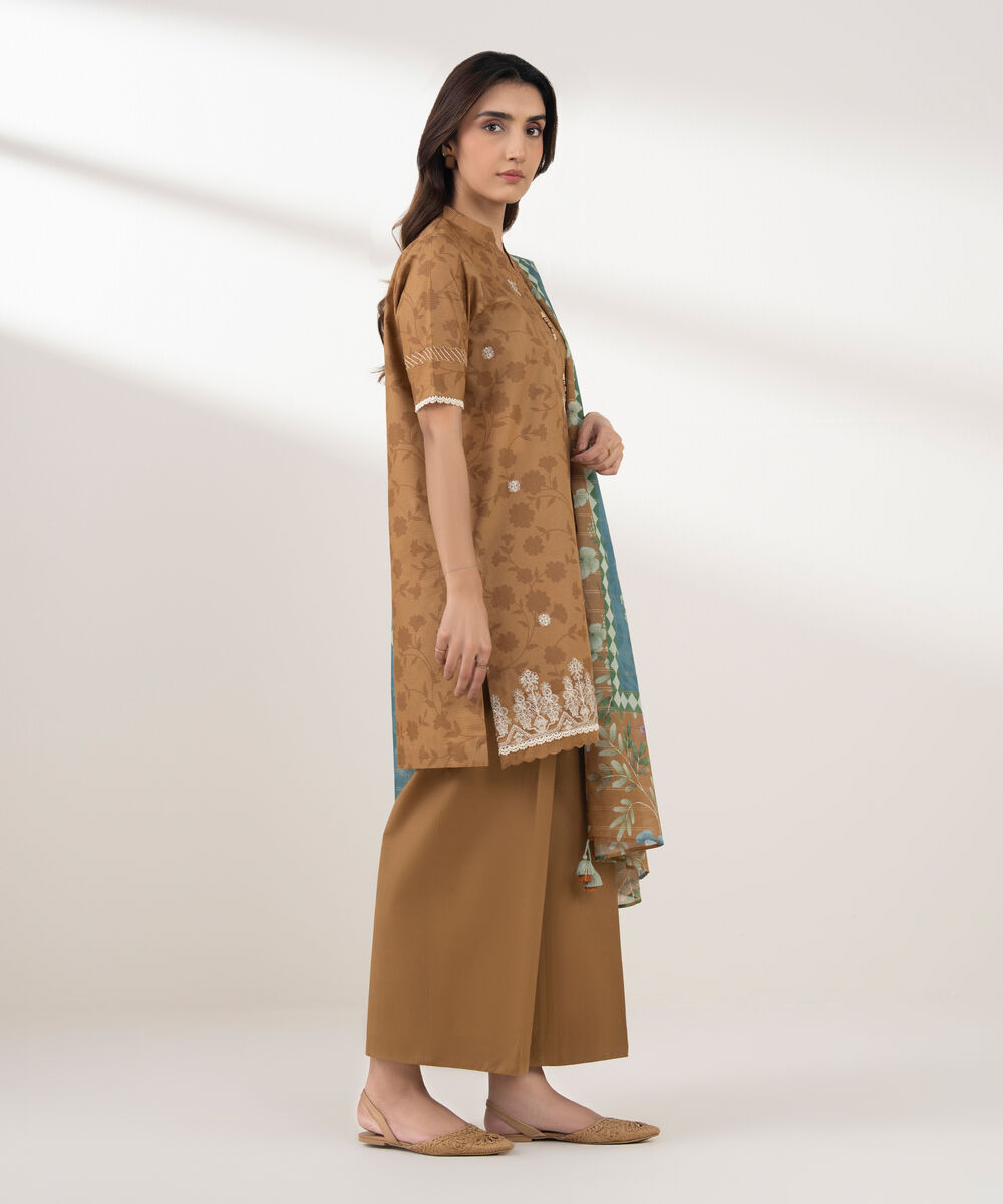 Women's Unstitched Zari Lawn Embroidered Brown  3 Piece Suit