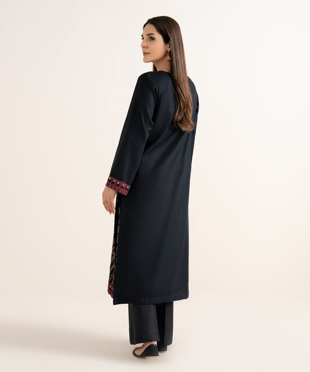 Women's RTW Textured Cotton Black Embroidered A-Line Shirt