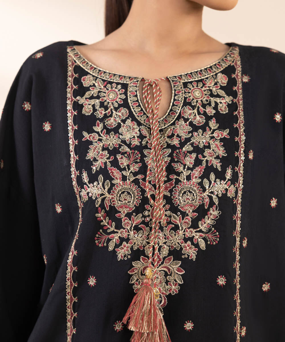 Woman - Black 3 Piece - Embroidered Raw Silk Suit