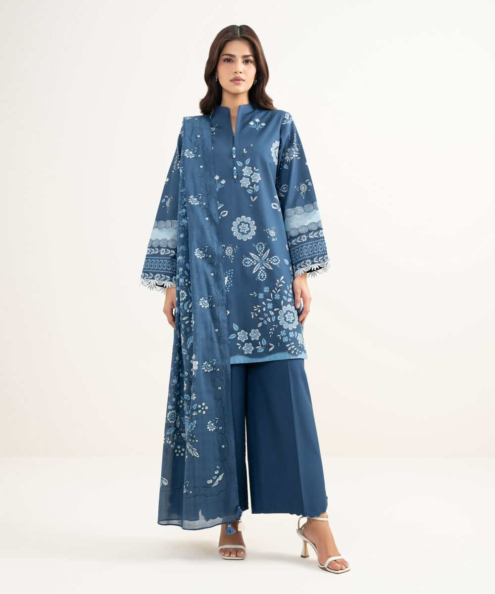Women's Unstitched Lawn Printed Blue 3 Piece Suit