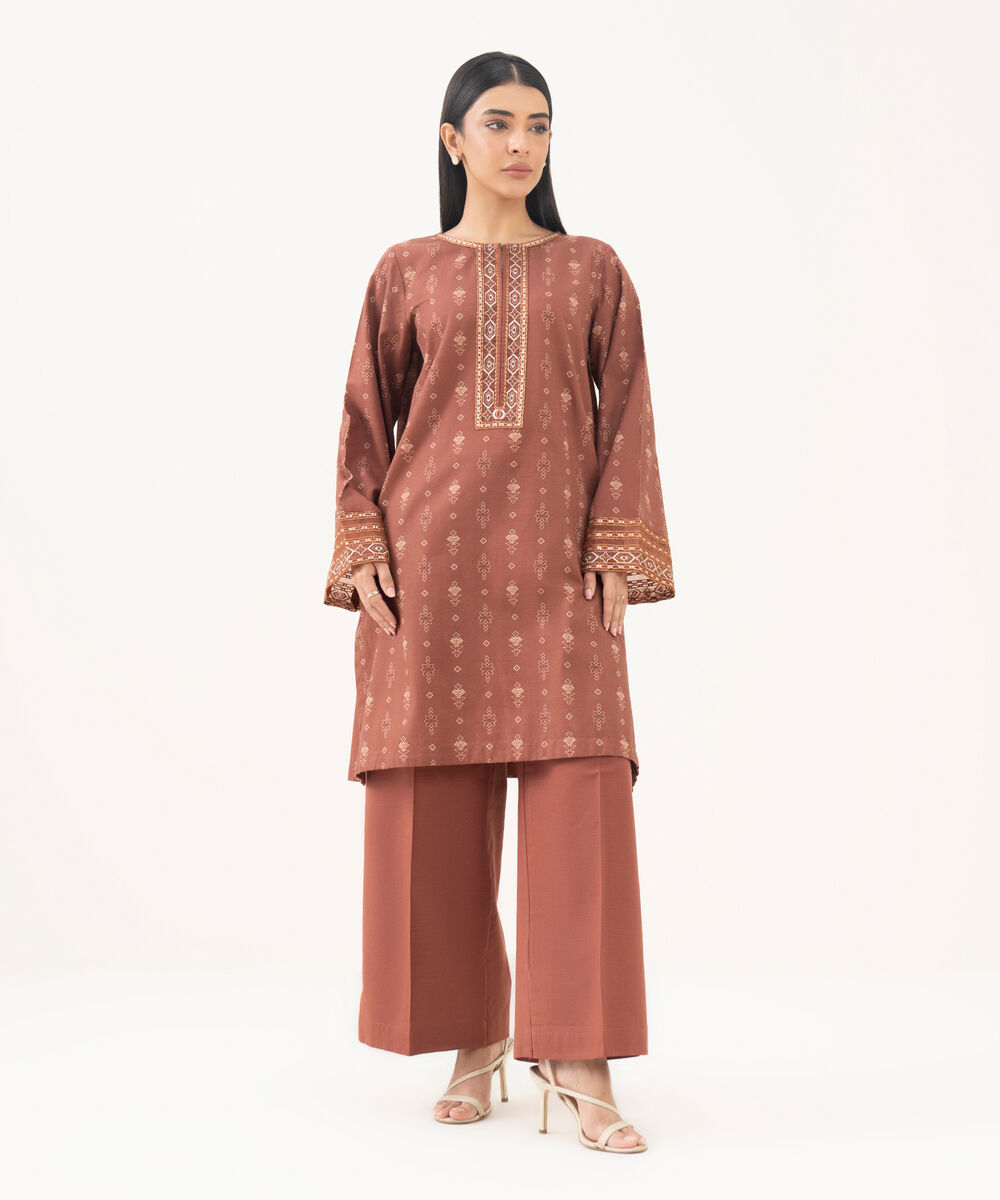 Women's RTW Light Khaddar Embroidered Brown Straight Shirt