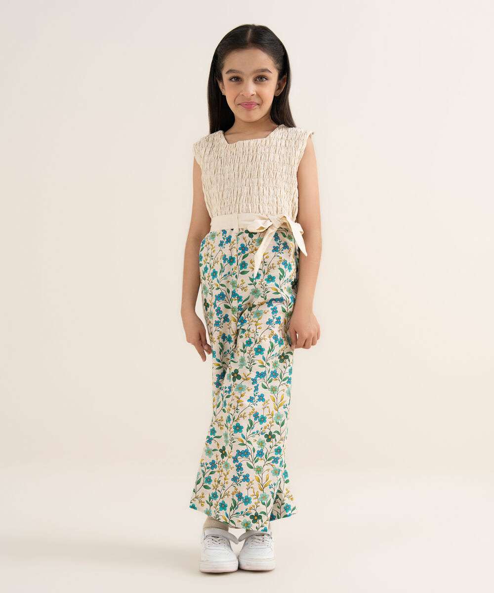 Girl's Khaddar Printed White Jumpsuit