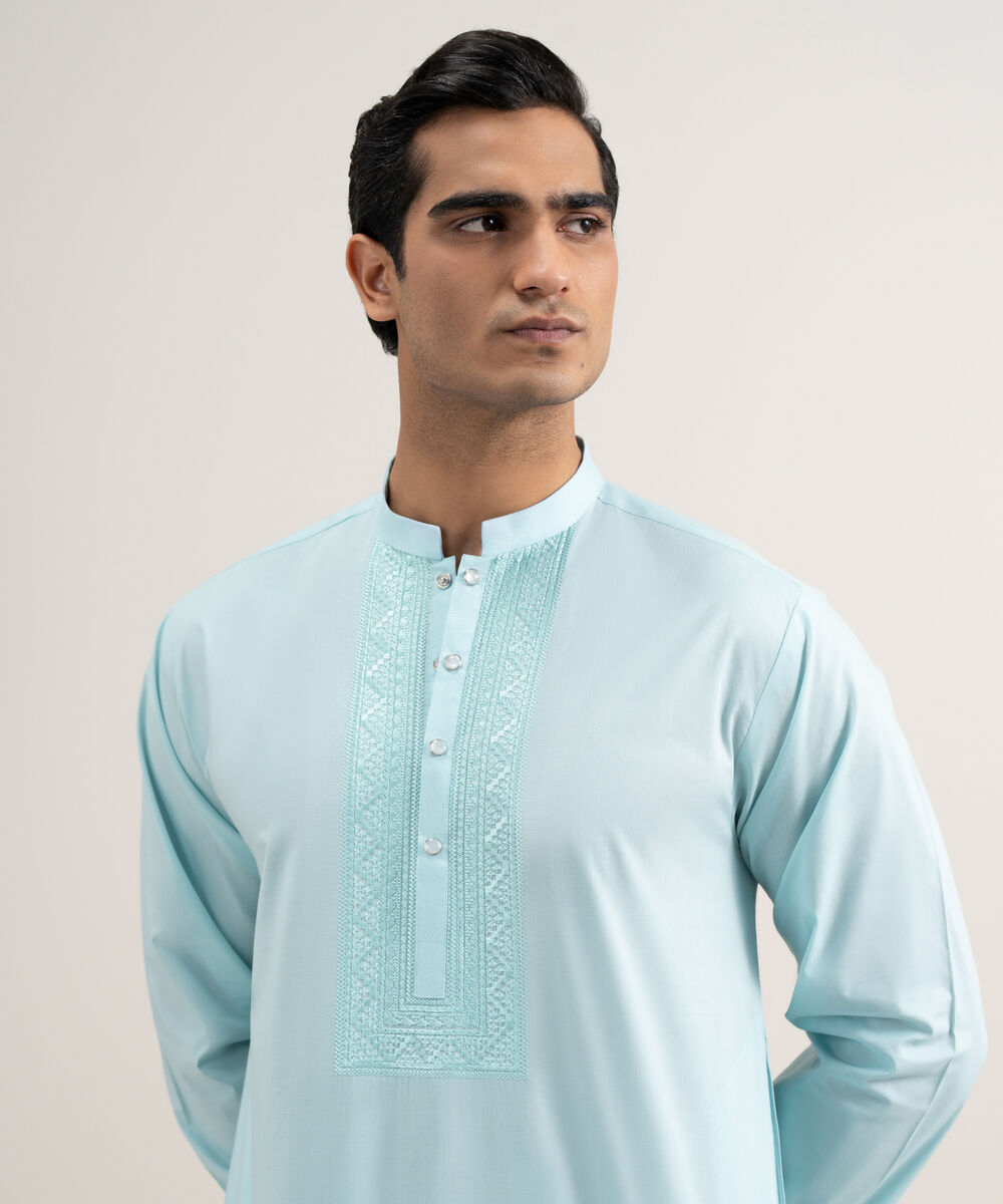 Men's Stitched Cotton Blue Kurta