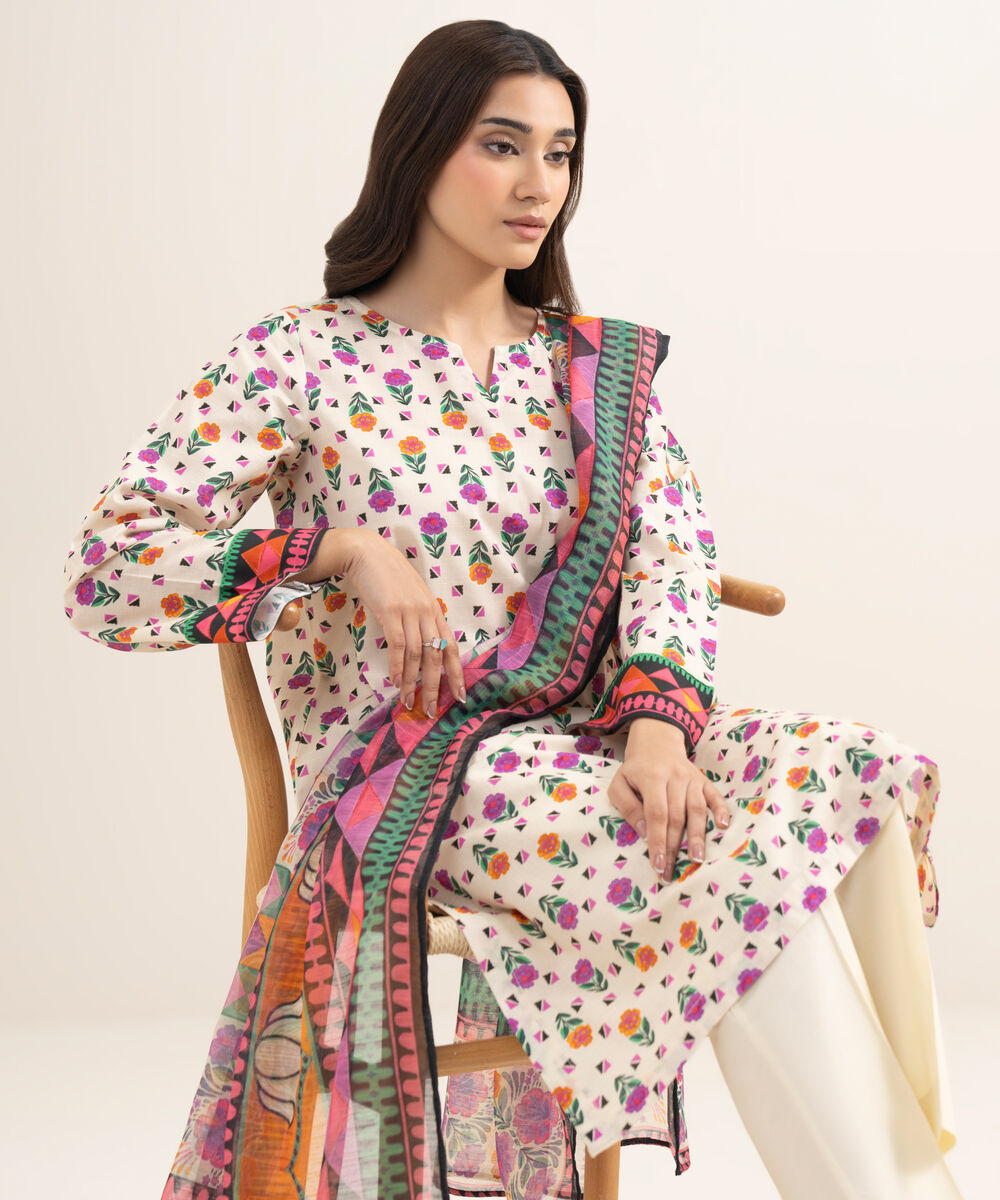 Women's RTW Slub Lawn Printed Multi 3 Piece Suit