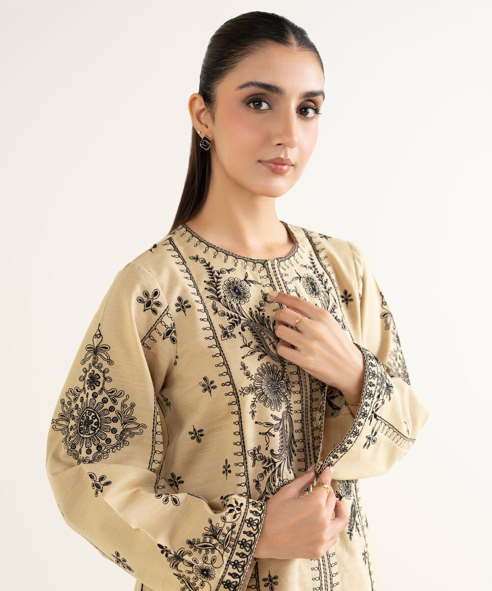Women's RTW Khaddar Embroidered Beige Straight Shirt