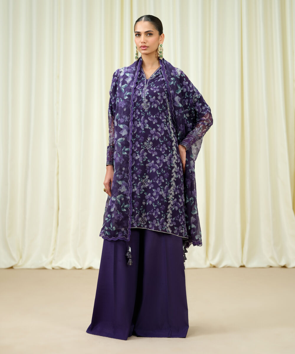 Women's Unstitched Blended Chiffon Embroidered Purple 3 Piece Suit