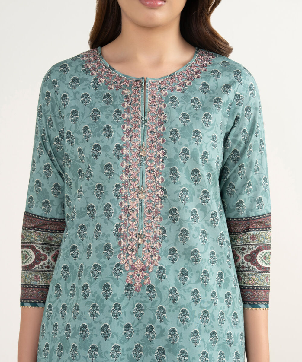 Women's Unstitched Lawn Embroidered Teal Green 3 Piece Suit