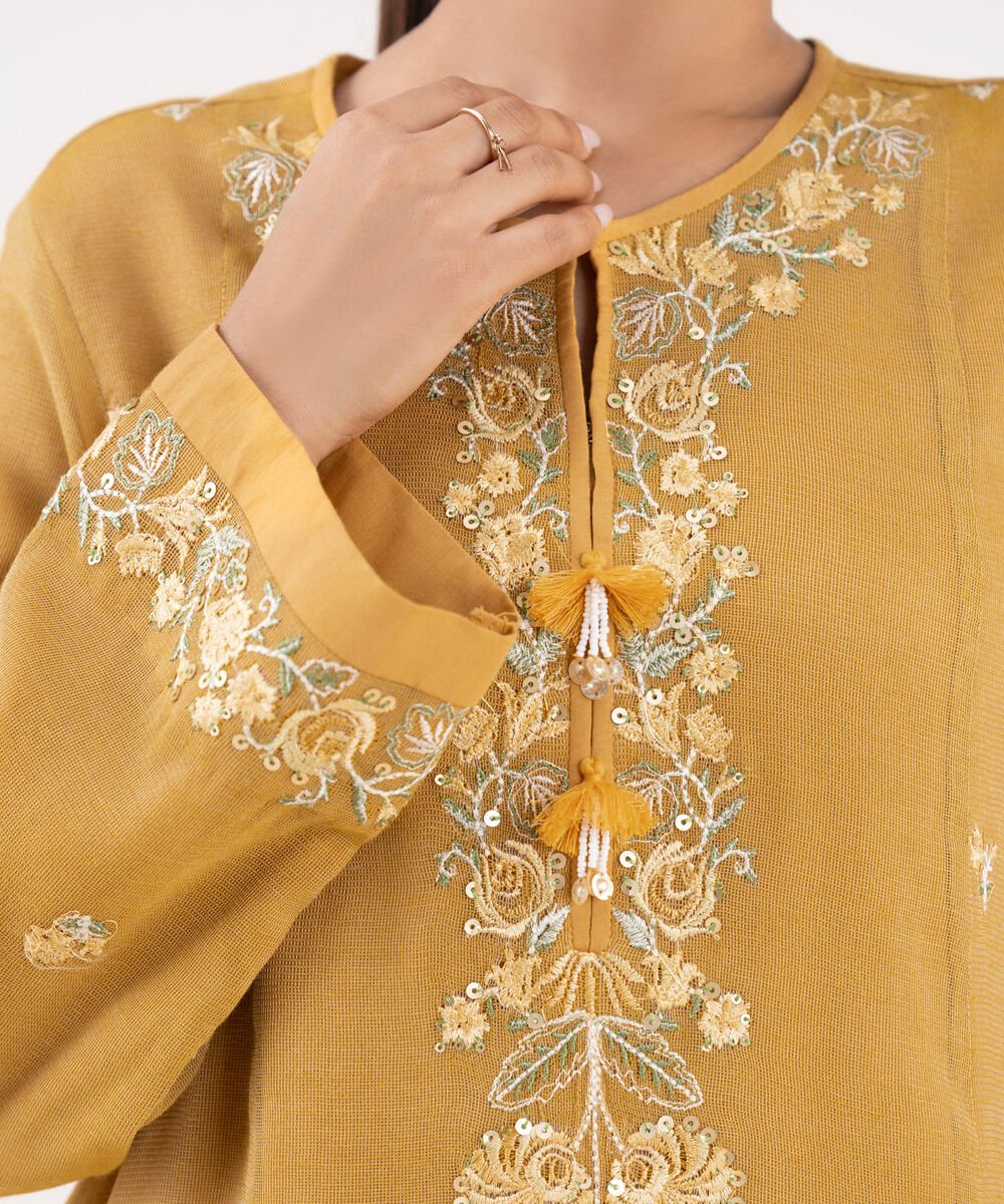 Women's RTW Khaddi Net Mustard Embroidered 2 Piece Suit