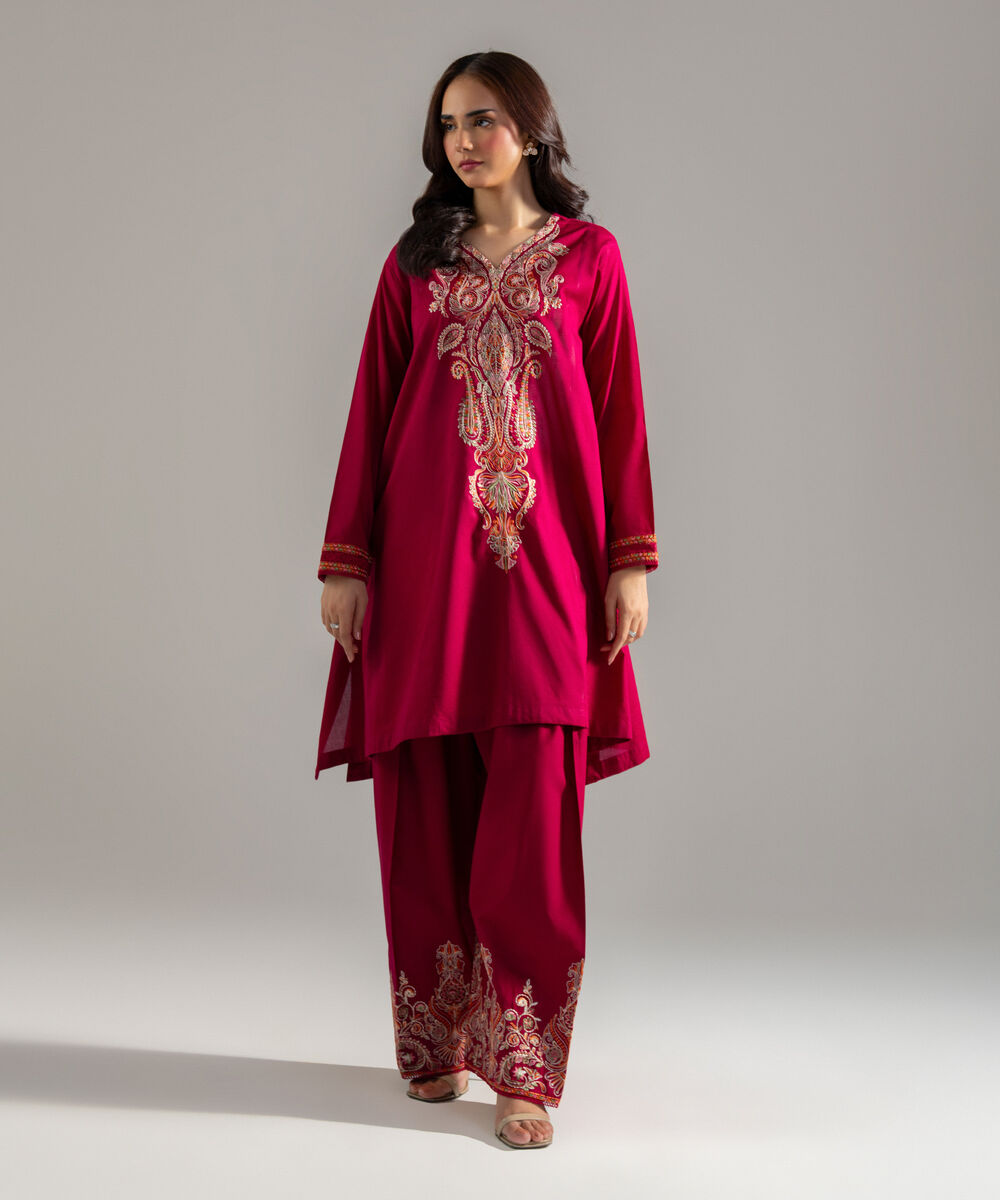 Women's RTW Lawn Solid Embroidered Maroon Flared A-Line