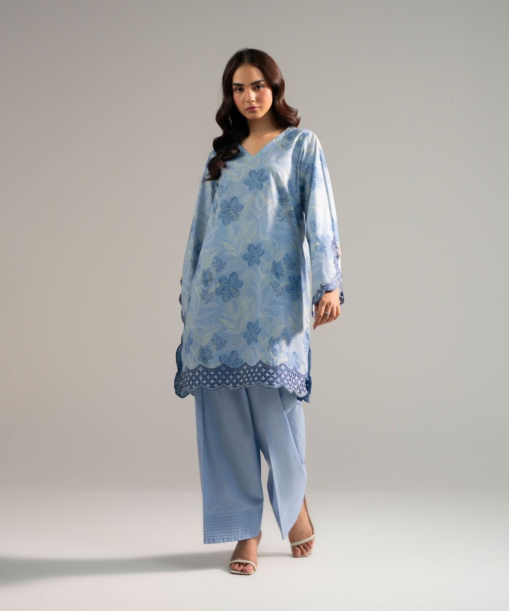 Women's RTW Slub Lawn Embroidered Blue 2 Piece Suit