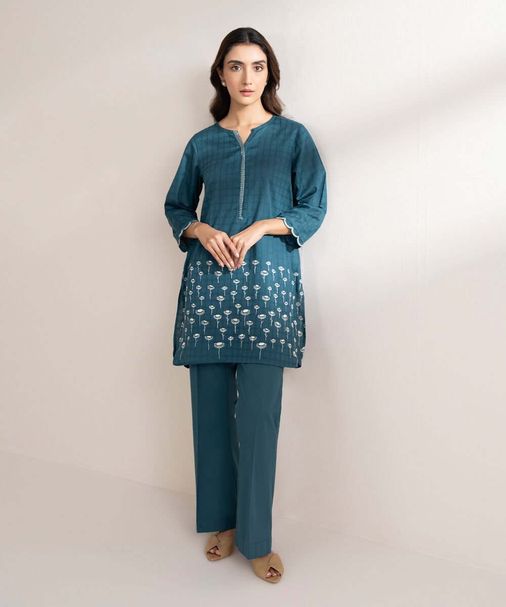 Women's RTW Textured Cotton Embroidered Straight Blue Shirt