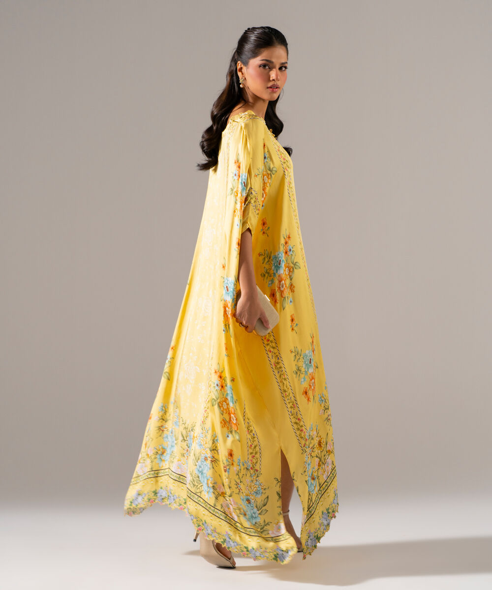 Women's RTW White Featheer Chamoz Printed Yellow Kaftan