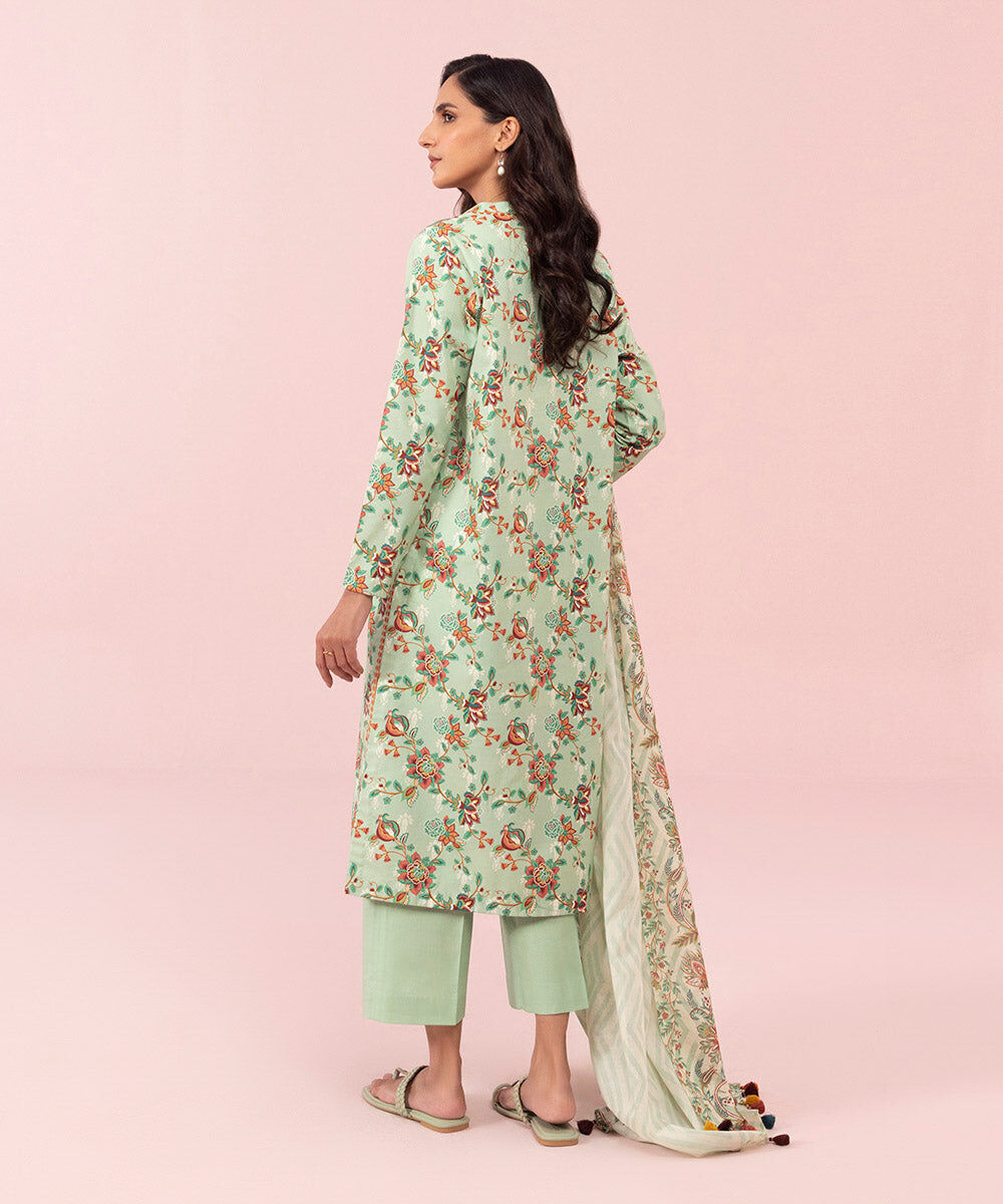 Women's Unstitched Printed Cambric Mint Green 3 Piece Suit