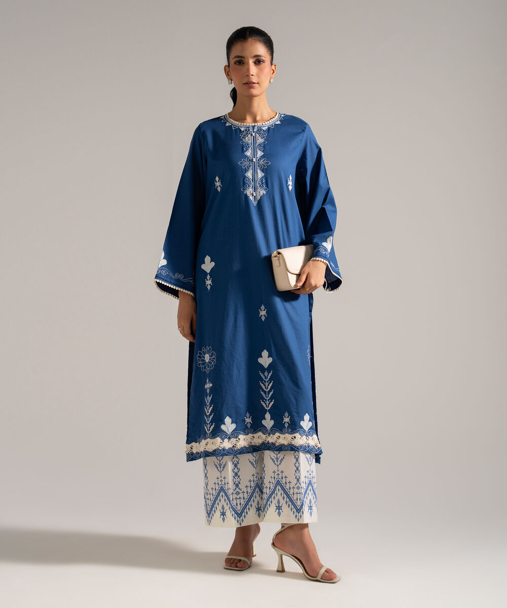 Women's RTW Dobby Embroidered Blue 2 Piece Suit