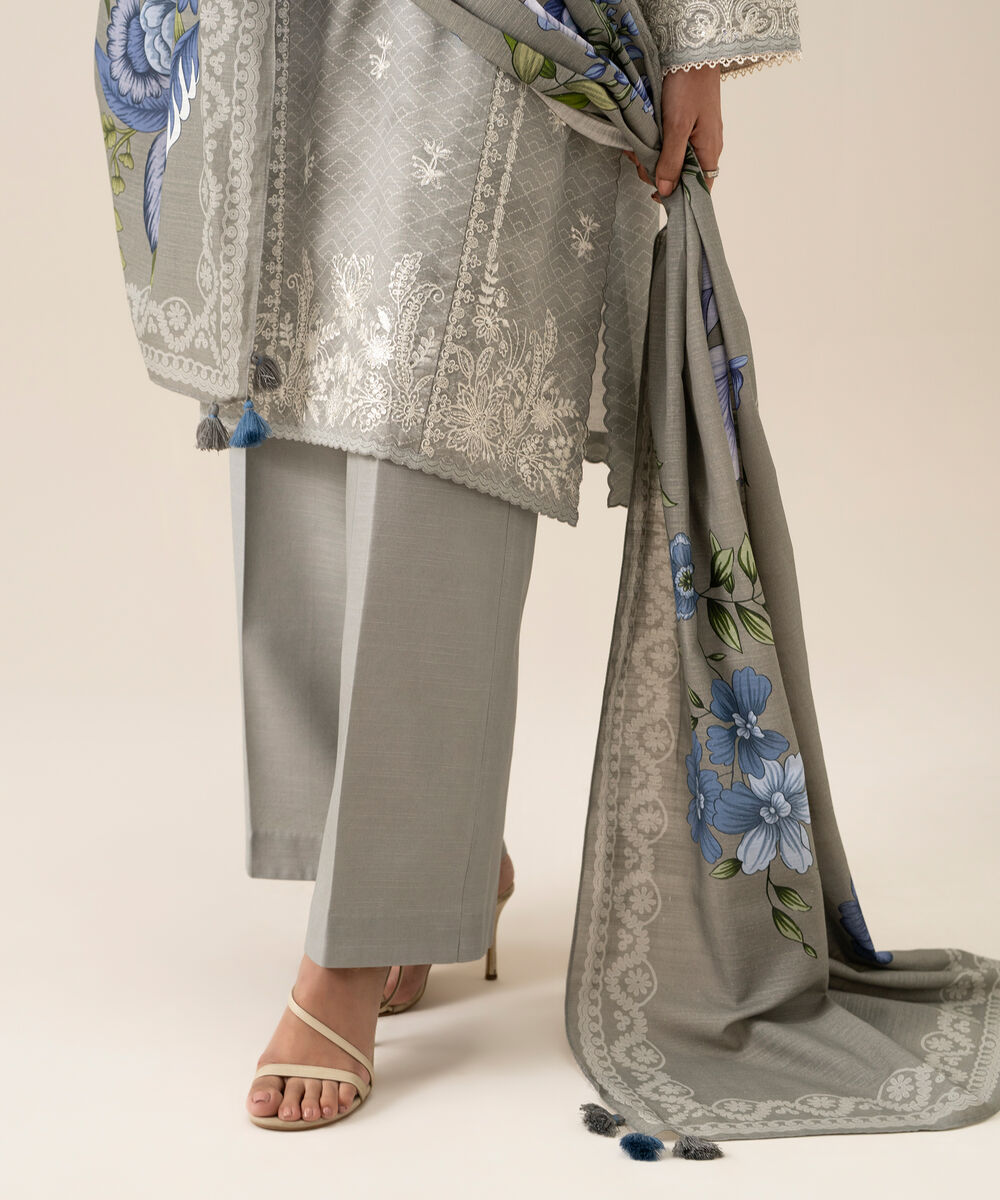 Women's Unstitched Light Khaddar Embroidered Grey 3 Piece Suit