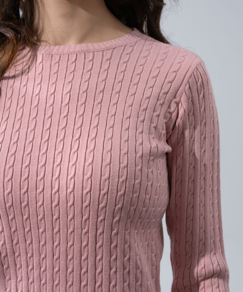 Women's Western Wear Pink Textured Cable-Knit Jumper