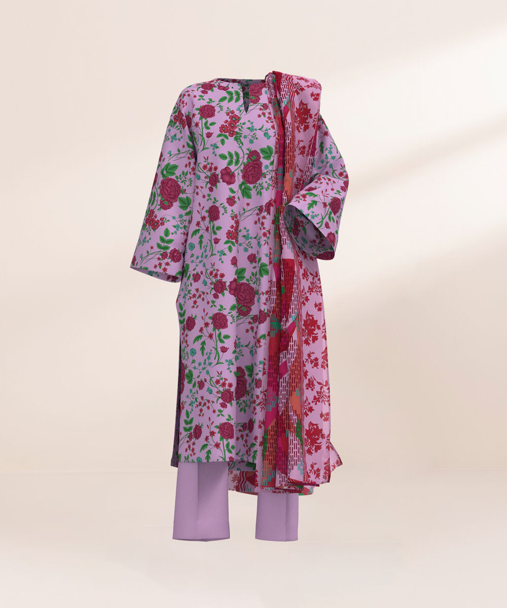 Women's Three Piece Printed Grey and Blue Lawn Suit