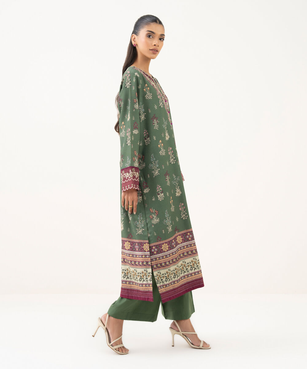 Women's RTW Textured Viscose Embroidered Green A-Line Shirt