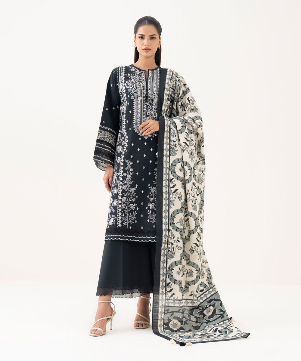 Women's Unstitched Light Khaddar Embroidered Black 3 Piece Suit