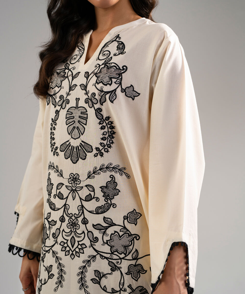 Women's RTW Zari Lawn Embroidered Off White A-Line Shirt