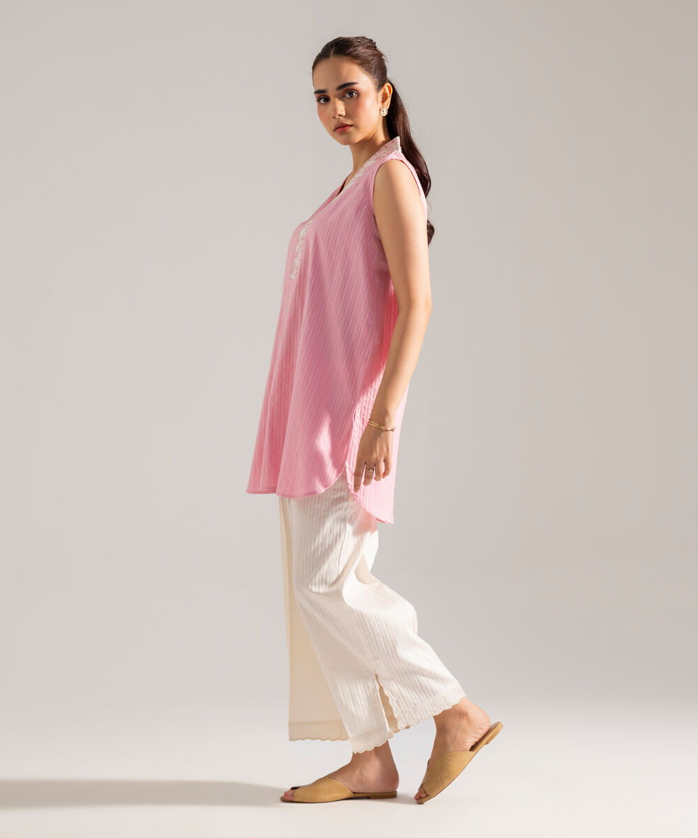 Women's RTW Dobby Strip Solid Pink 2 Piece Suit