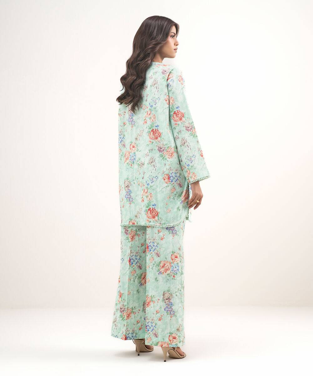 Women's RTW Seersucker Printed Turquoise Straight Shirt