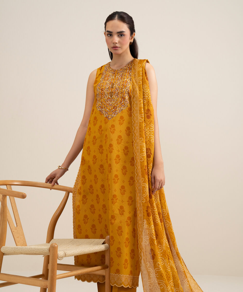 Women's Unstitched Lawn Embroidered Yellow 3 Piece Suit