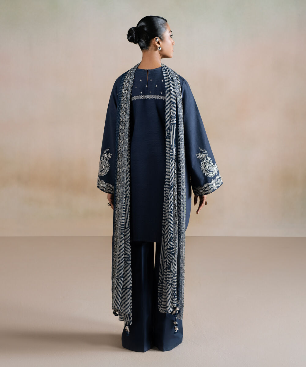 Women's Unstitched Dobby Embroidered Blue 3 Piece Suit