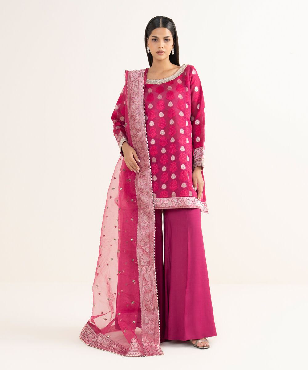 Women's RTW Zari Jacquard Pink Embroidered 3 Piece Suit