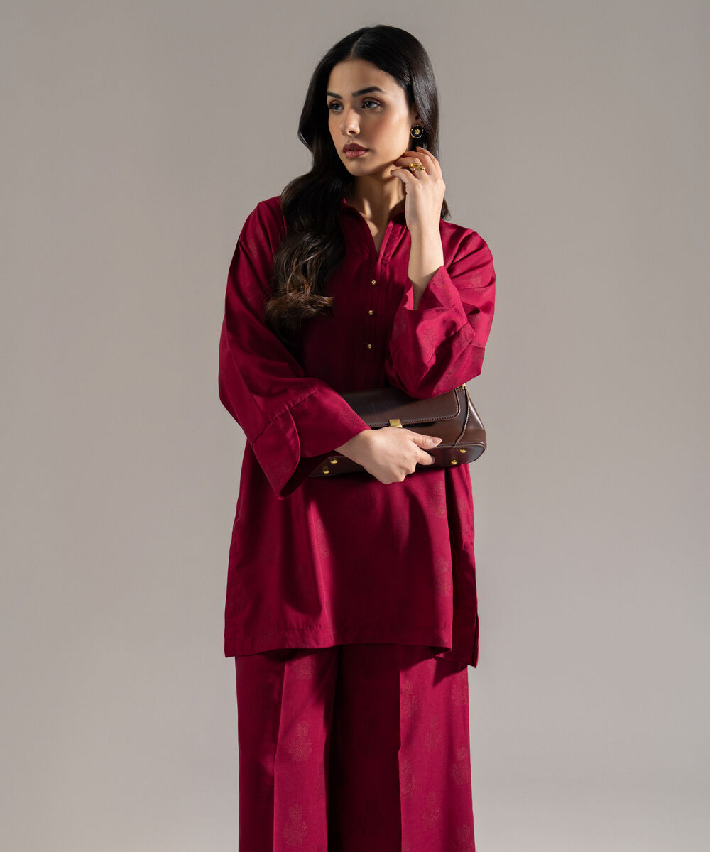 Women's RTW Poly Viscose Jacquard Solid Pink 2 Piece Suit