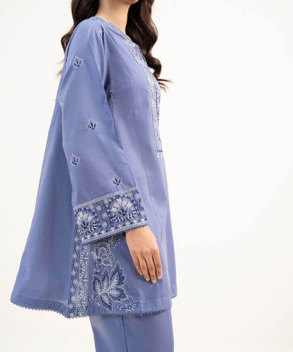 Women's RTW Dobby Embroidered Steel Blue 3 Piece Suit