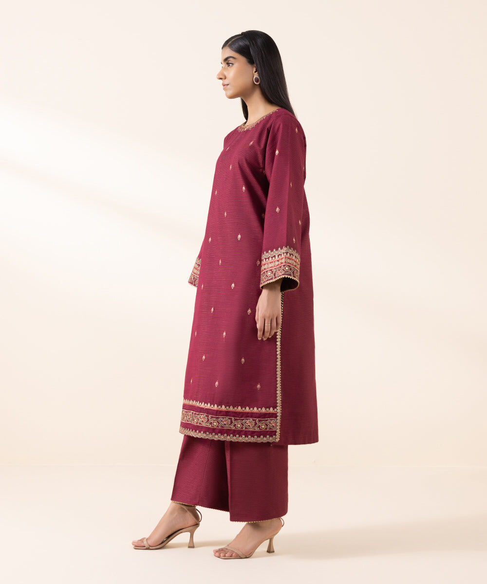 Women's Unstitched Zari Khaddar Red Embroidered 2 Piece Suit