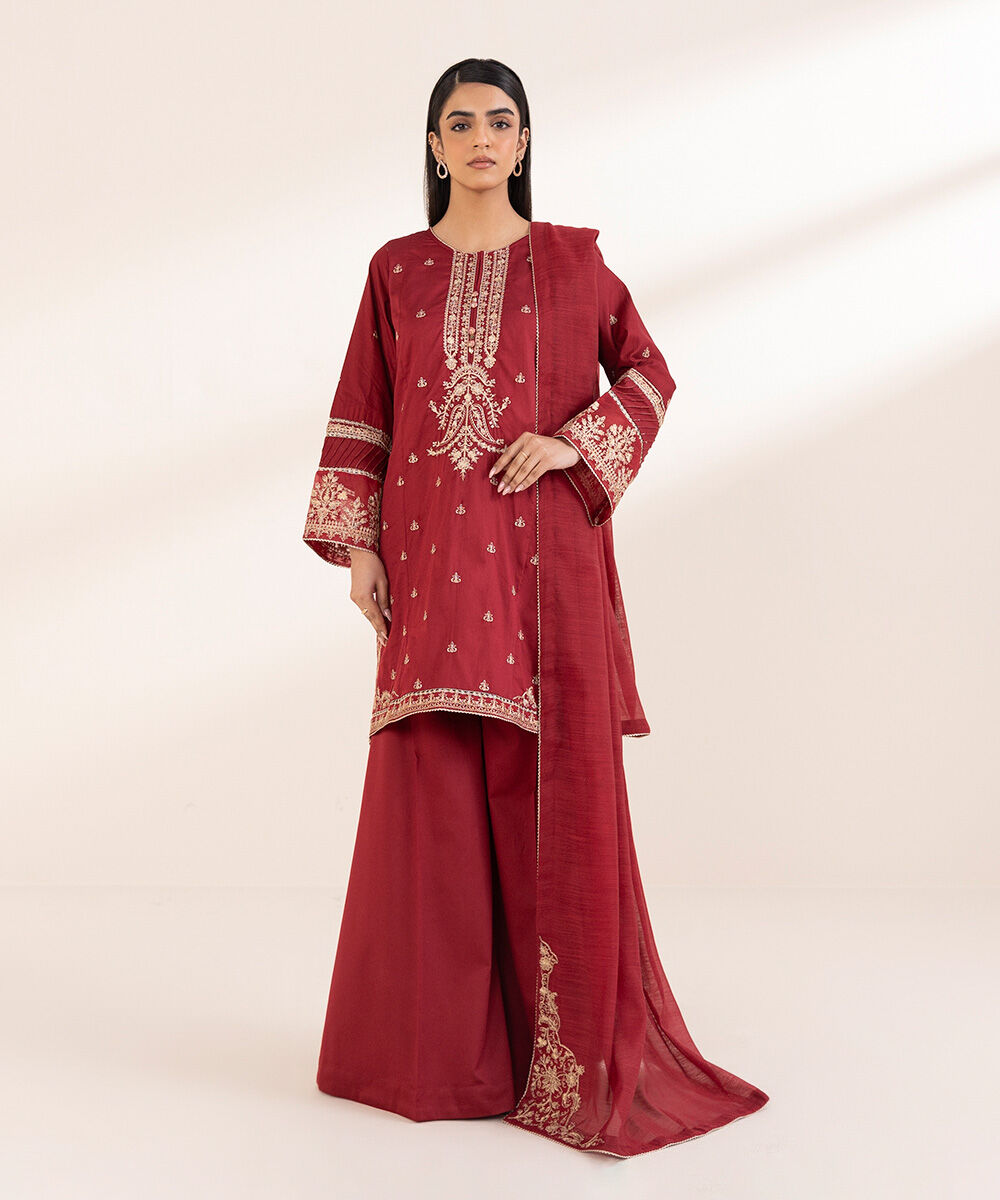 Women's Pret Cotton Satin Red Embroidered A-Line Shirt