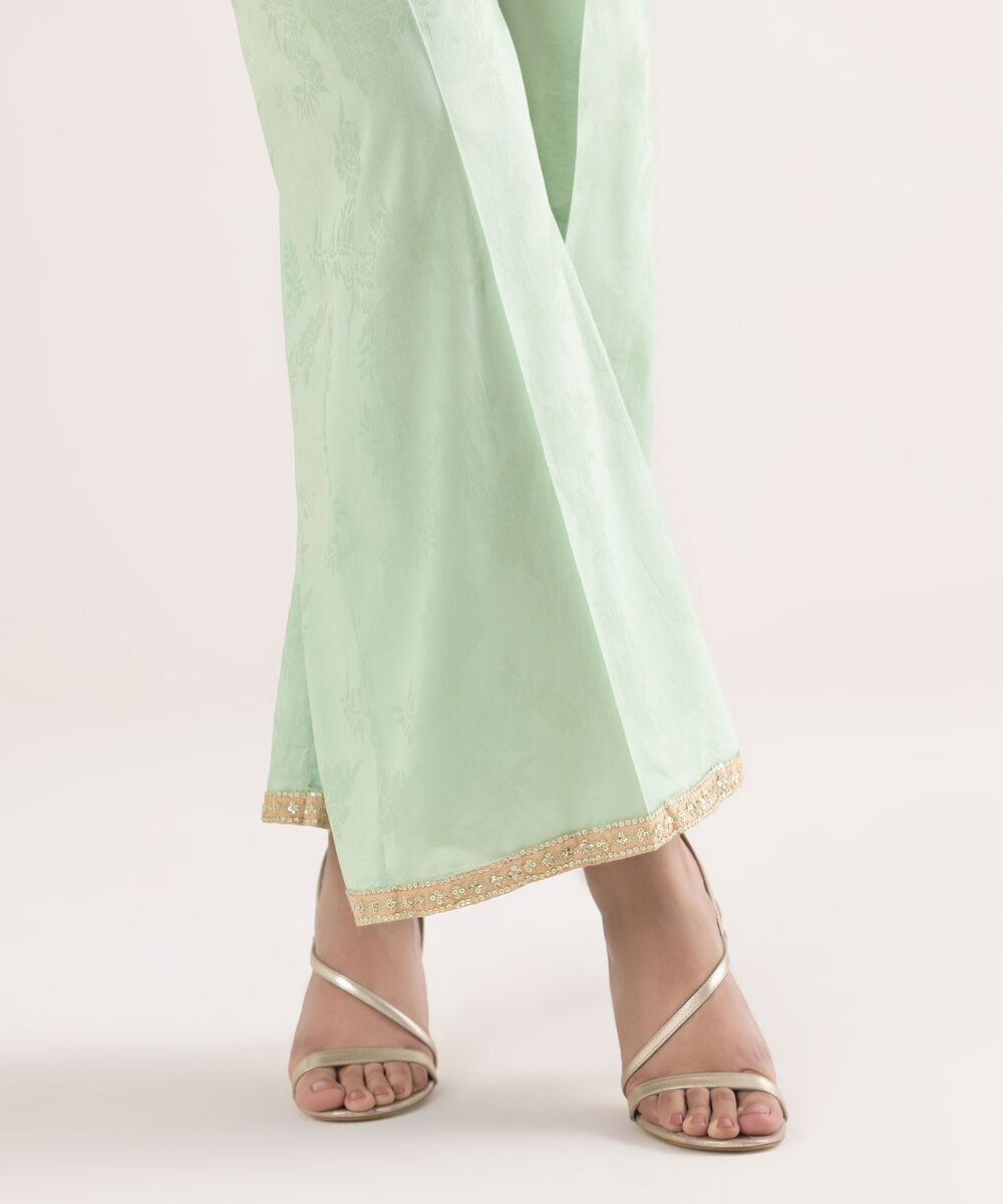 Women's RTW Self Jacquard Leno Embroidered Mint Green Flared Pants