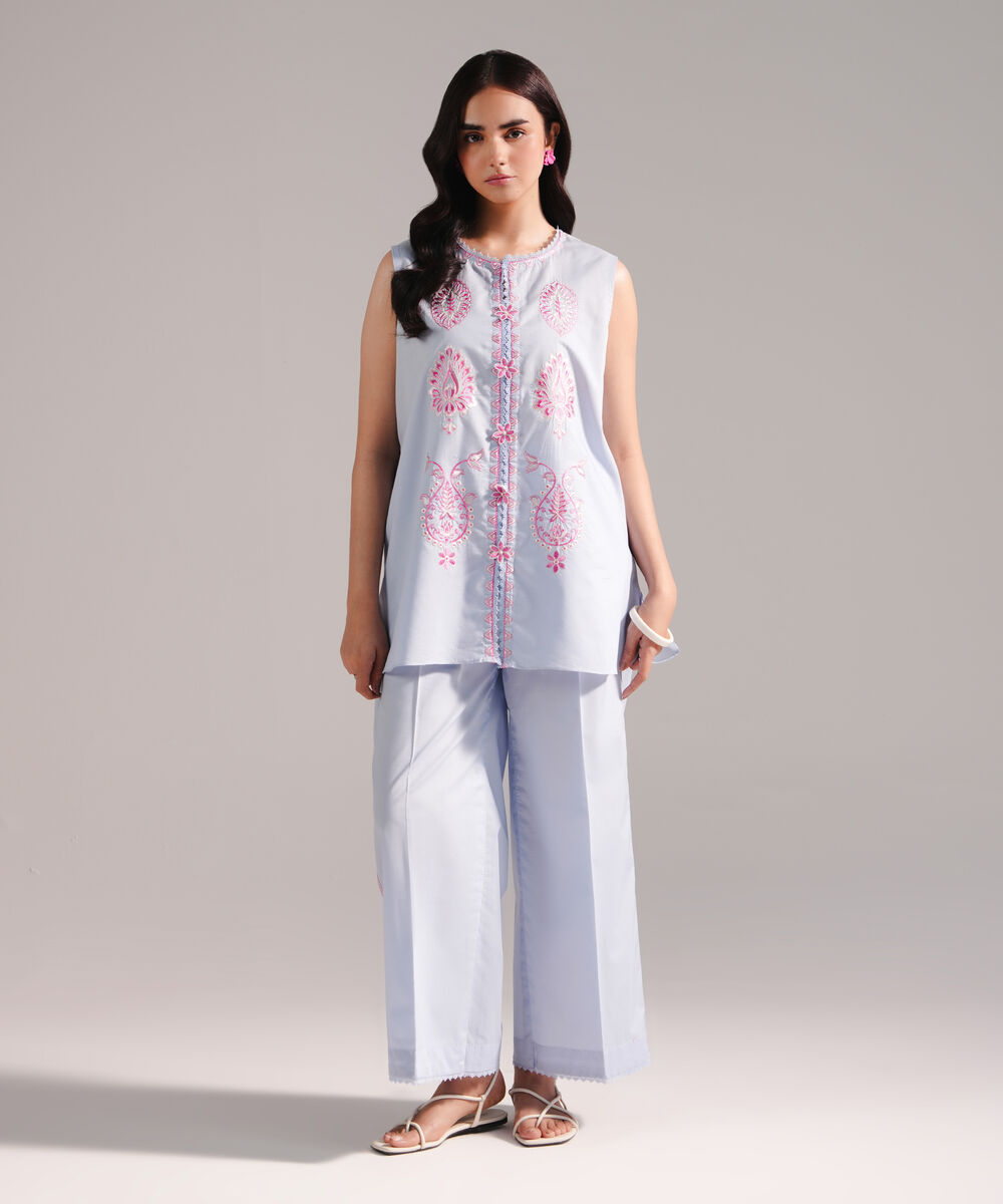 Women's RTW Zari Lawn Embroidered Ice Blue Straight Shirt