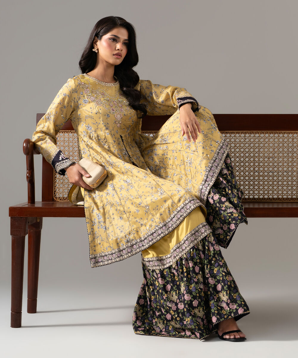 Women's RTW Bright Raw Silk Printed Yellow 2 Piece Suit