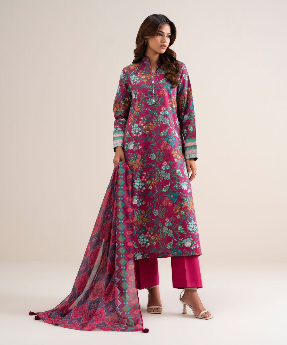 Women's Unstitched Printed Lawn Red 3 Piece Suit